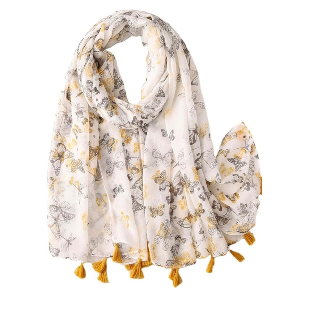 Butterfly Print Tassel Scarf White Yellow Grey Lightweight Gauze Wrap Shawl